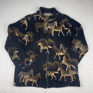 VTG Western Horses Polar Fleece Sweater Jacket Size 12 Black All Over Print Read
